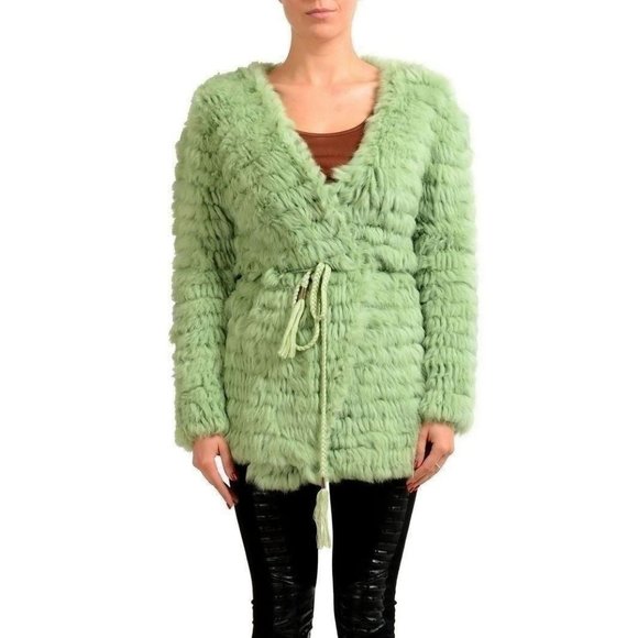 Just Cavalli Women's Green Rabbithair And Wool Knitted Coat US S IT 40